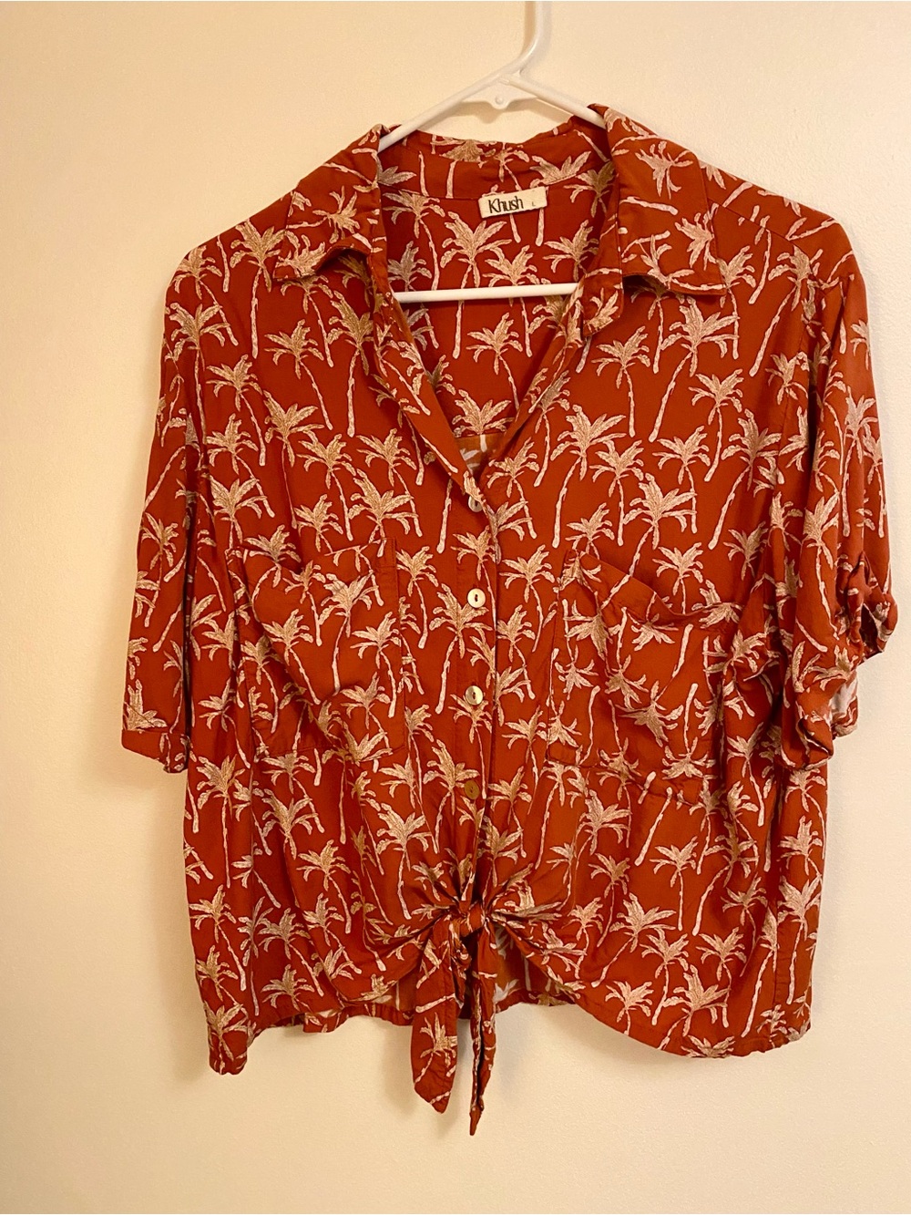 Rust Palm-Print Tie-Front Button Down Shirt